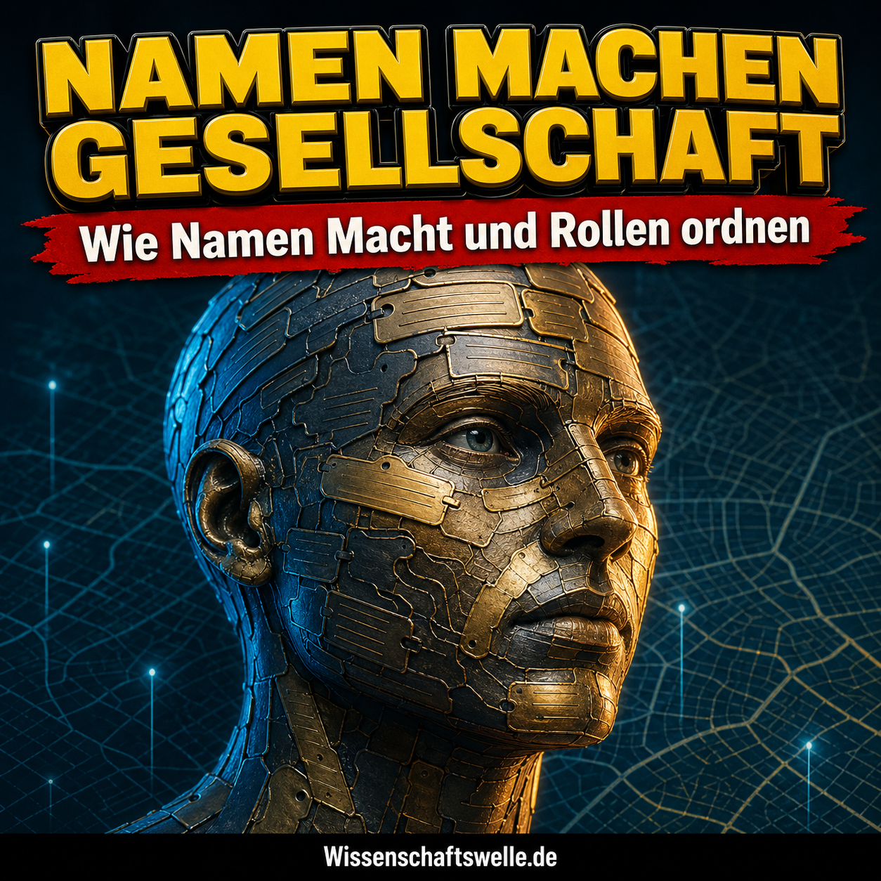 Ein dramatisch beleuchtetes menschliches Gesicht aus metallischen Namensplatten vor einem dunklen Kartenraster, darüber der Titel „Namen machen Gesellschaft“.