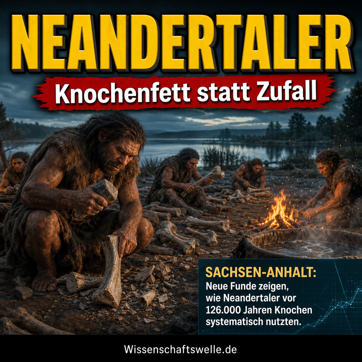 Neandertaler zerschlagen an einem Seeufer Knochen großer Beutetiere, um mithilfe von Feuer und Wasser Knochenfett zu gewinnen.