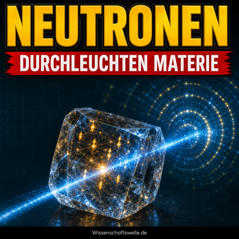 Ein blauer Neutronenstrahl durchquert einen Kristall und fächert sich in ein golden-blaues Streumuster auf.
