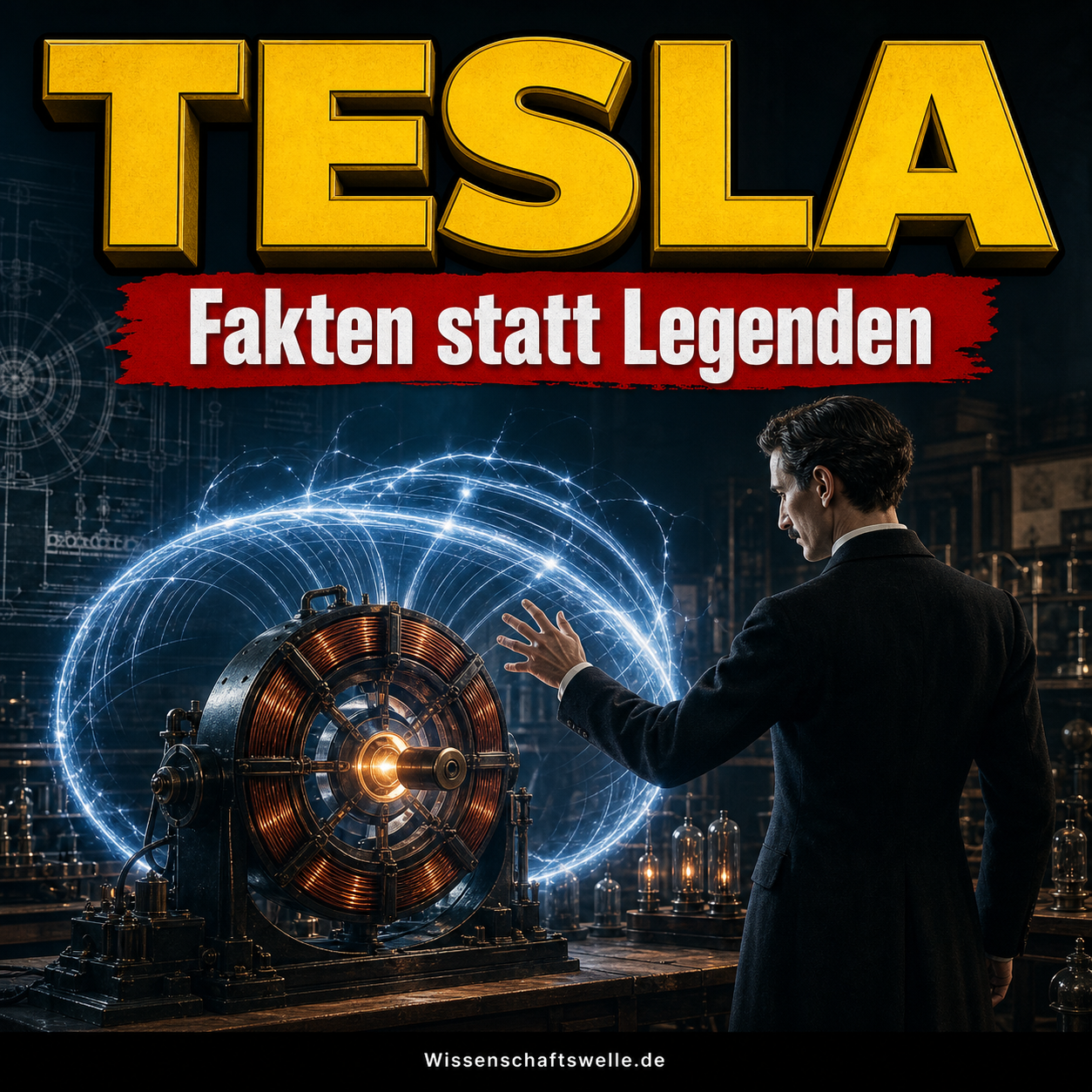 Wissenschaftswelle-Cover mit gelber Tesla-Headline, rotem Banner Fakten statt Legenden, einer leuchtenden Induktionsmotorspule und blauen Feldlinien vor dunkler Laborbühne.