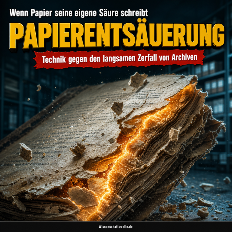 Ein stark gealtertes Archivbuch reißt entlang einer leuchtenden Säurelinie auf, während Papierfragmente in einem dunklen Magazinraum aufwirbeln.