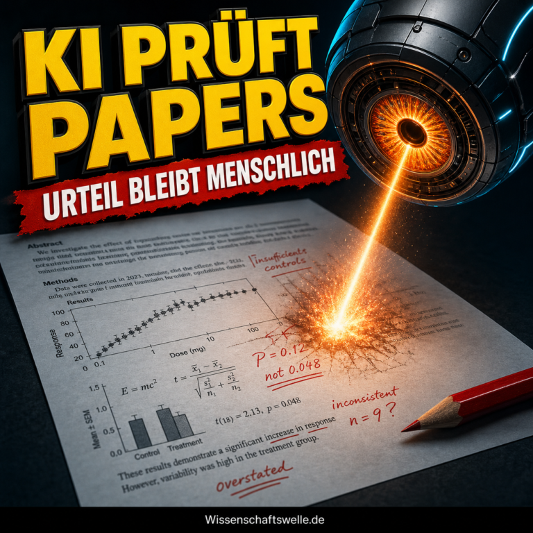 Wissenschaftswelle-Cover mit gelber Überschrift KI PRÜFT PAPERS, rotem Banner URTEIL BLEIBT MENSCHLICH und einer leuchtenden KI-Linse, die ein wissenschaftliches Manuskript mit Diagrammen und roten Prüfmarkierungen scannt.