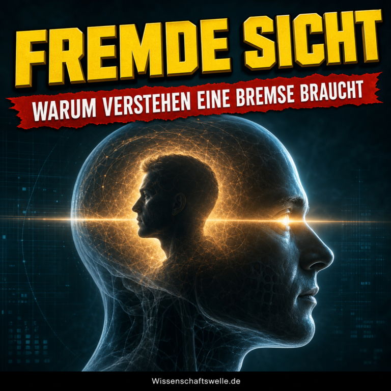 Ein transparenter menschlicher Kopf im Profil zeigt im Inneren die leuchtende Silhouette einer zweiten Person; darüber steht Fremde Sicht, darunter der Banner Warum Verstehen eine Bremse braucht.