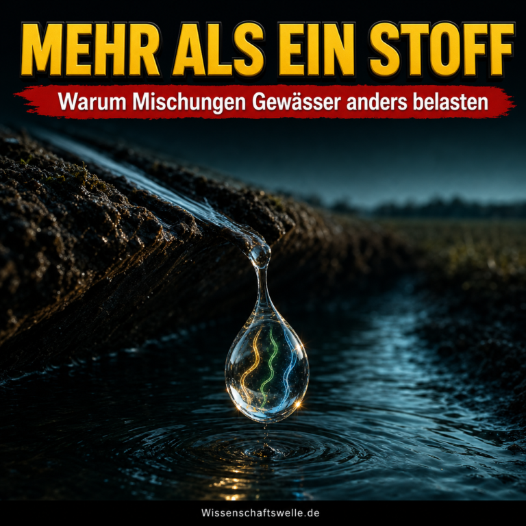 Ein leuchtender Wassertropfen mit drei farbigen Spuren fällt von einem Feldgraben in einen dunklen Bach; darüber steht Mehr als ein Stoff.