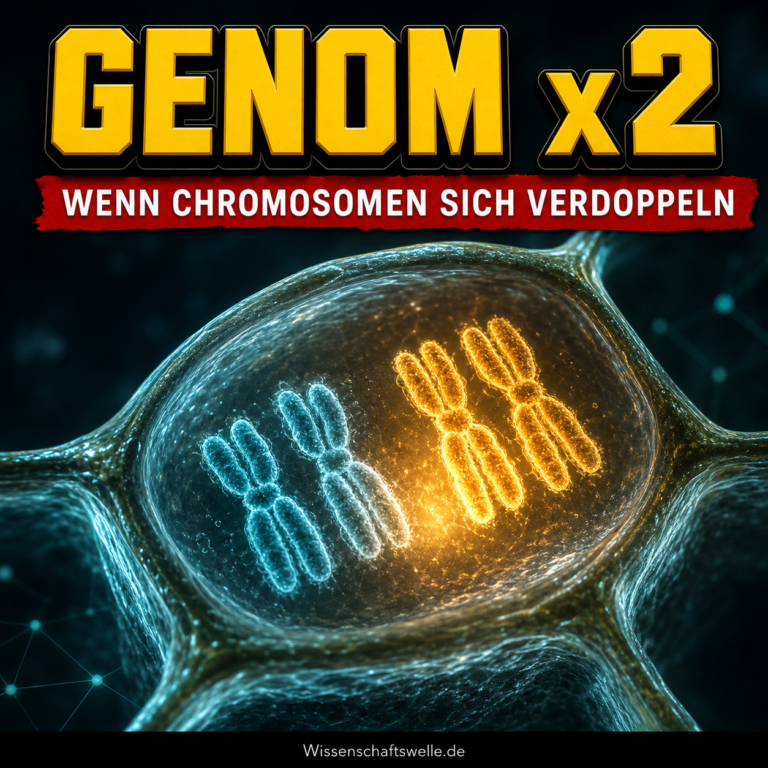Leuchtende Chromosomensätze in einer Pflanzenzelle als Symbol für Polyploidie