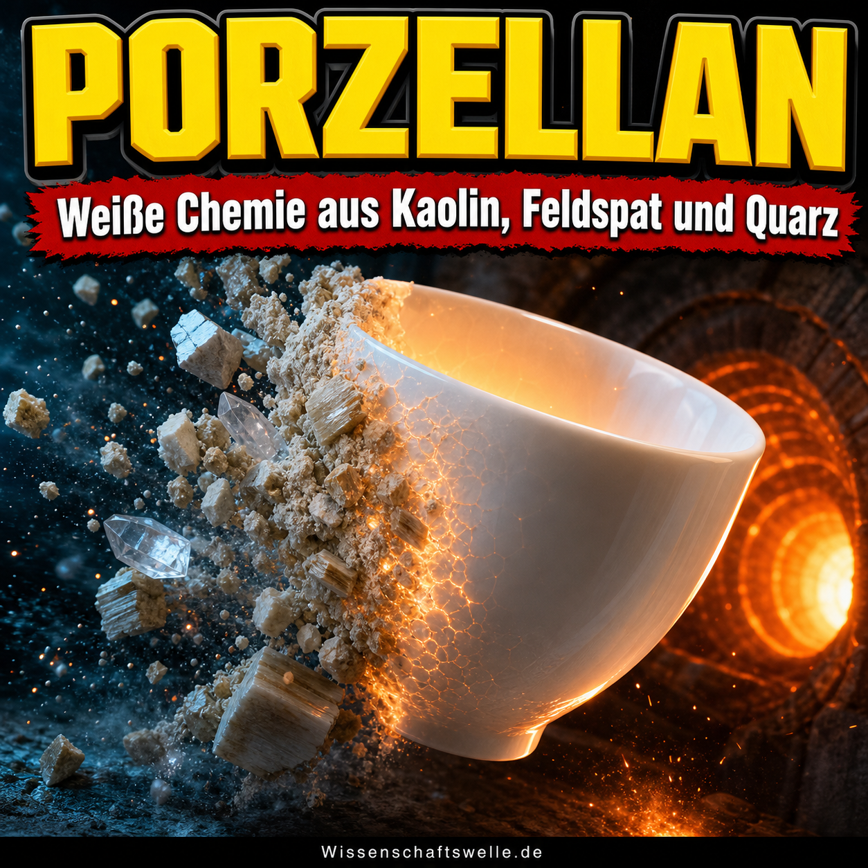 Leuchtende weiße Porzellanschale, die im Ofen aus Kaolin, Feldspat und Quarz zu dichtem Porzellan verschmilzt.