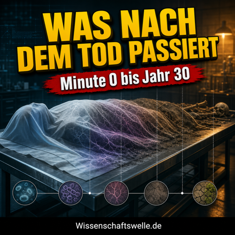 Ein stilisiertes, nicht grafisches Forensikmotiv zeigt einen bedeckten menschlichen Körper auf einem Edelstahltisch, darüber den Schriftzug 'Was nach dem Tod passiert' und den Untertitel 'Minute 0 bis Jahr 30'.