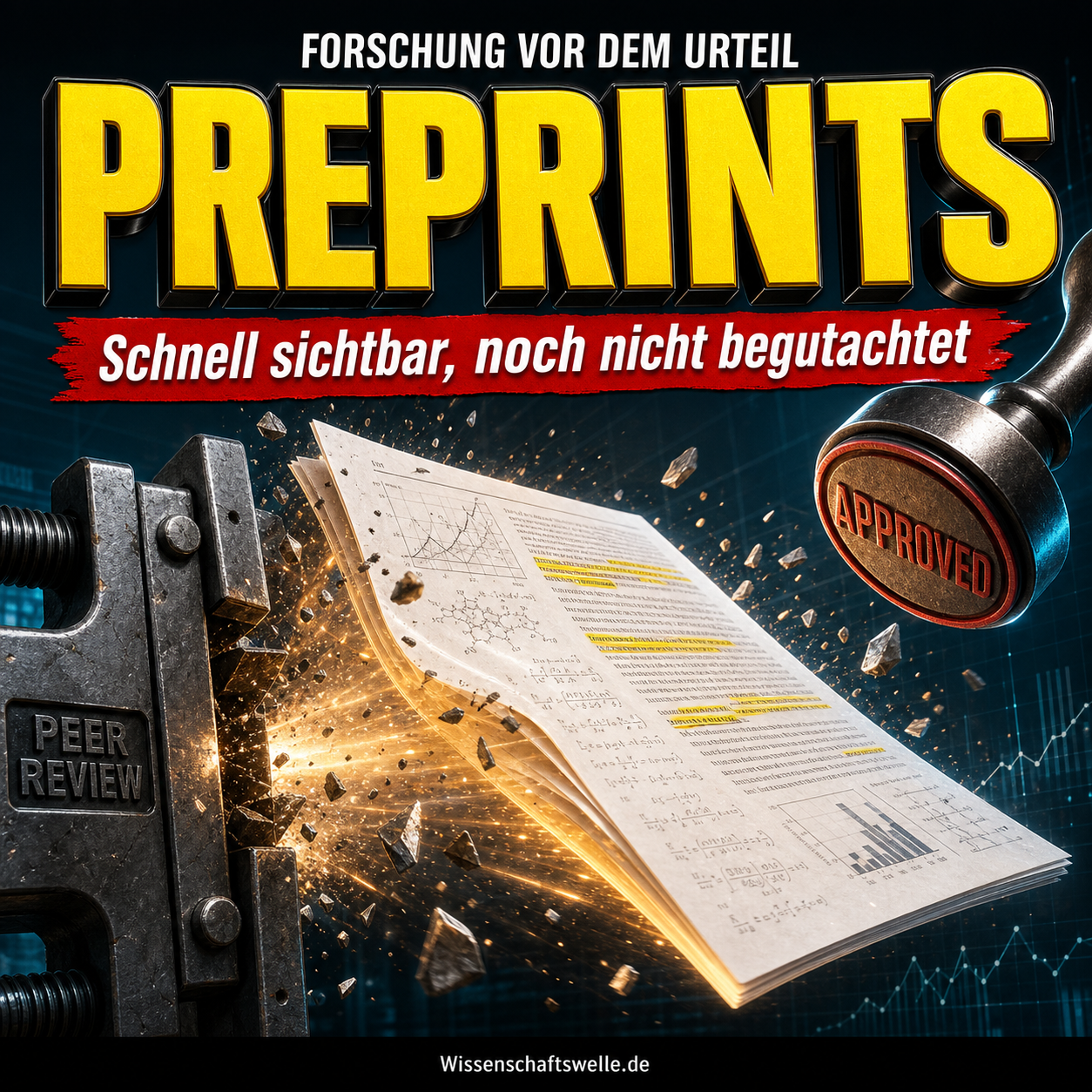 Quadratisches Cover mit dem gelben 3D-Titel „PREPRINTS“, einer roten Bannerzeile „Schnell sichtbar, noch nicht begutachtet“ und einem leuchtenden wissenschaftlichen Manuskript, das aus einer metallischen Prüfklammer nach vorn bricht.