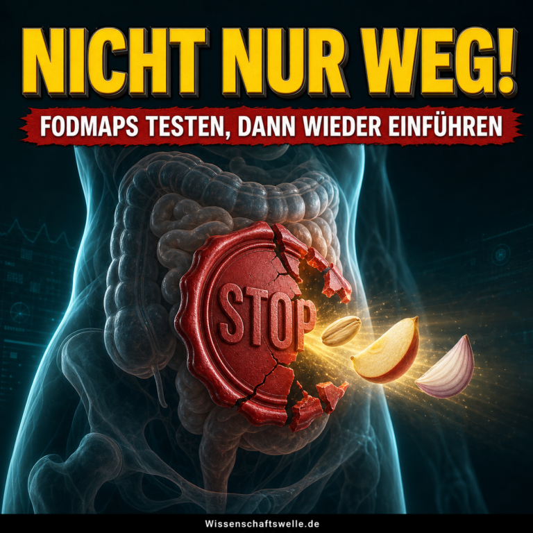 Illustratives Wissenschaftswelle-Cover: Leuchtende Darmsilhouette, in die nach einem aufbrechenden Stoppsiegel wieder einzelne Lebensmittel gleiten; Text betont die Wiedereinführung nach dem FODMAP-Test.