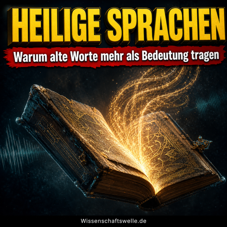 Ein altes aufgeschlagenes Manuskript schwebt im Dunkeln, während goldene Lichtlinien aus den Seiten aufsteigen; darüber steht groß: Heilige Sprachen.