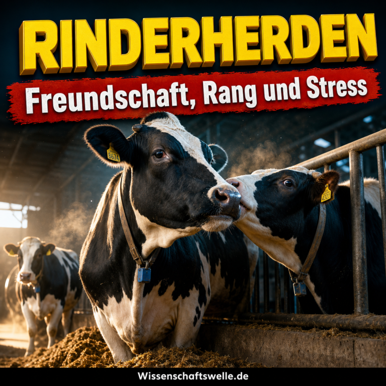 Wissenschaftswelle-Cover mit gelber Überschrift RINDERHERDEN, rotem Banner und zwei Holstein-Rindern im Stall, die sich nah berühren, während im Hintergrund eine weitere Kuh unscharf steht.