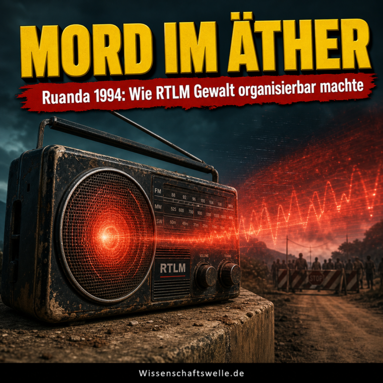 Altes tragbares Radio an einer Straßensperre, aus dessen rot glühendem Lautsprecher sich ein Signal über eine bedrohliche Szene im Ruanda von 1994 legt.