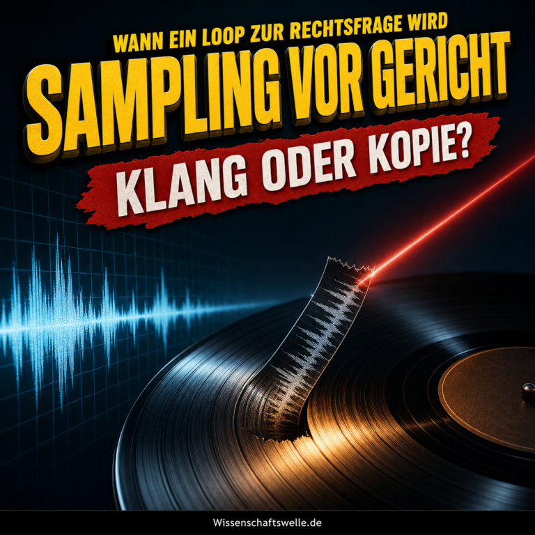 Vinylplatte mit herausgerissenem Klangstreifen und Schallwelle als Symbol für Sampling und Urheberrecht