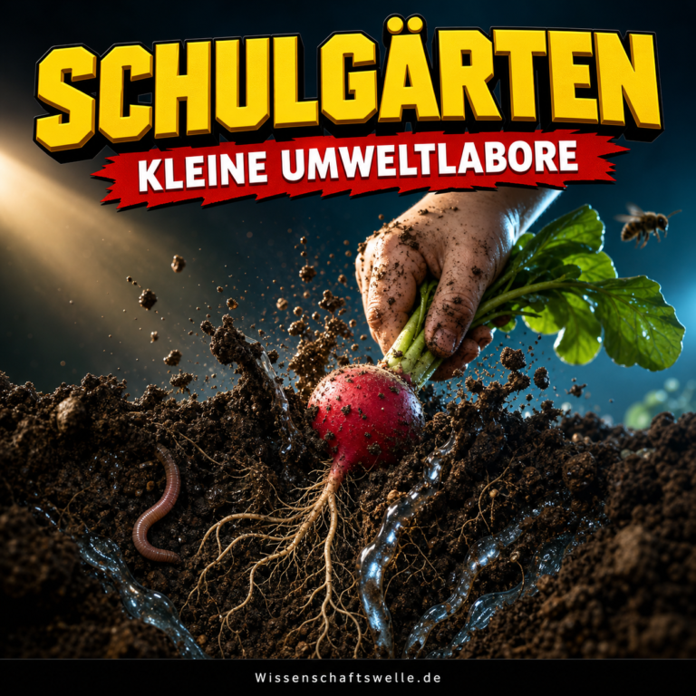 Eine Kinderhand zieht ein rotes Radieschen aus dunkler Erde; Wurzeln, Wasseradern und ein Regenwurm machen den Schulgarten als kleines Umweltlabor sichtbar.