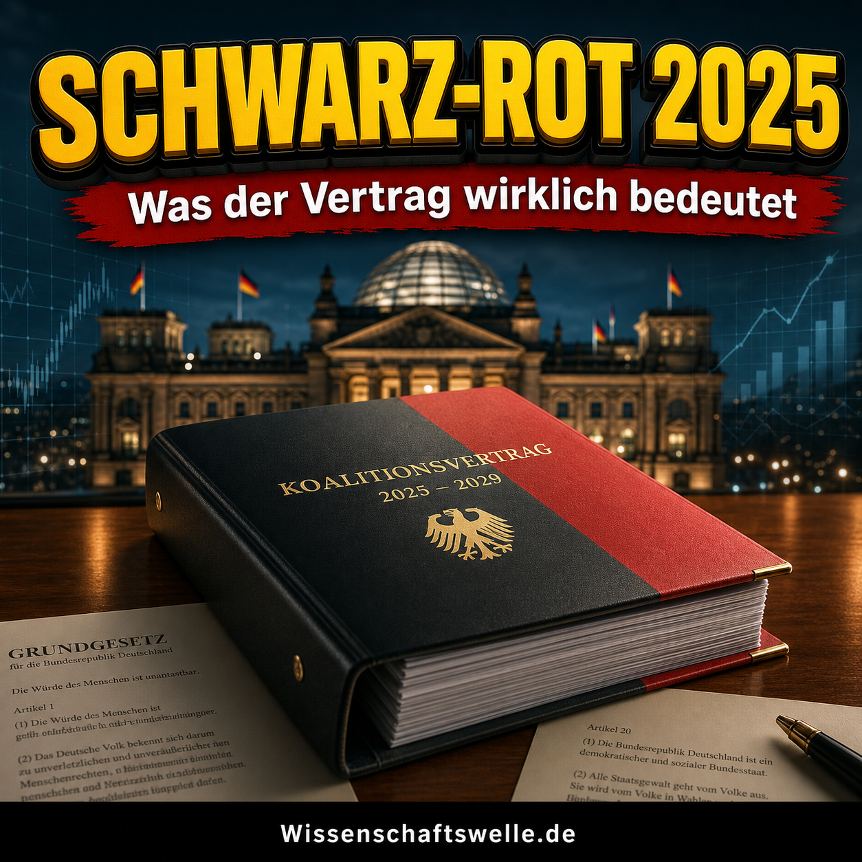 Ein schwarz-roter Koalitionsvertragsordner liegt vor dem beleuchteten Reichstagsgebäude; darüber stehen die Worte „SCHWARZ-ROT 2025“ und auf einem roten Banner „Was der Vertrag wirklich bedeutet“.