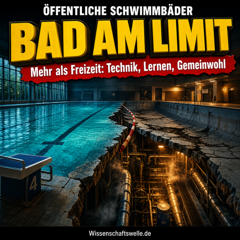 Ein öffentliches Hallenbad, dessen Becken links mit türkisfarbenem Wasser gefüllt ist, während rechts ein aufgerissener trockener Teil freigelegte Rohre und warme Techniklichter zeigt.