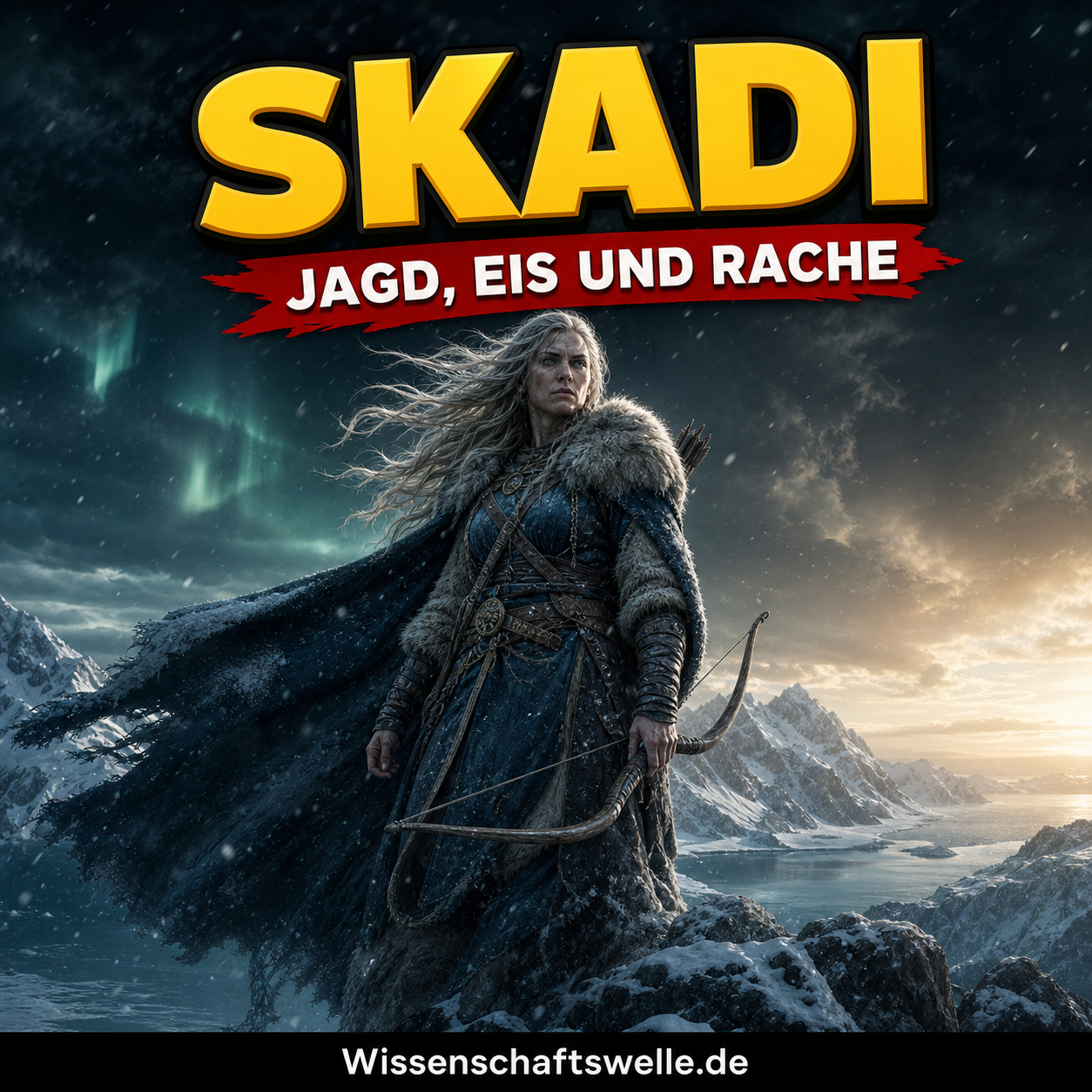 Quadratisches Cover mit der gelben Überschrift „Skadi“ und dem roten Banner „Jagd, Eis und Rache“ über einer entschlossen wirkenden nordischen Jägerin mit Bogen auf einem verschneiten Gebirgskamm.