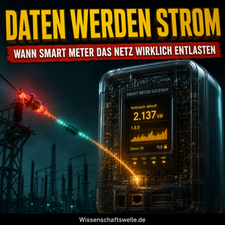 Leuchtendes Smart-Meter-Gateway, dessen Datenimpuls eine überlastete Stromnetzlinie stabilisiert.