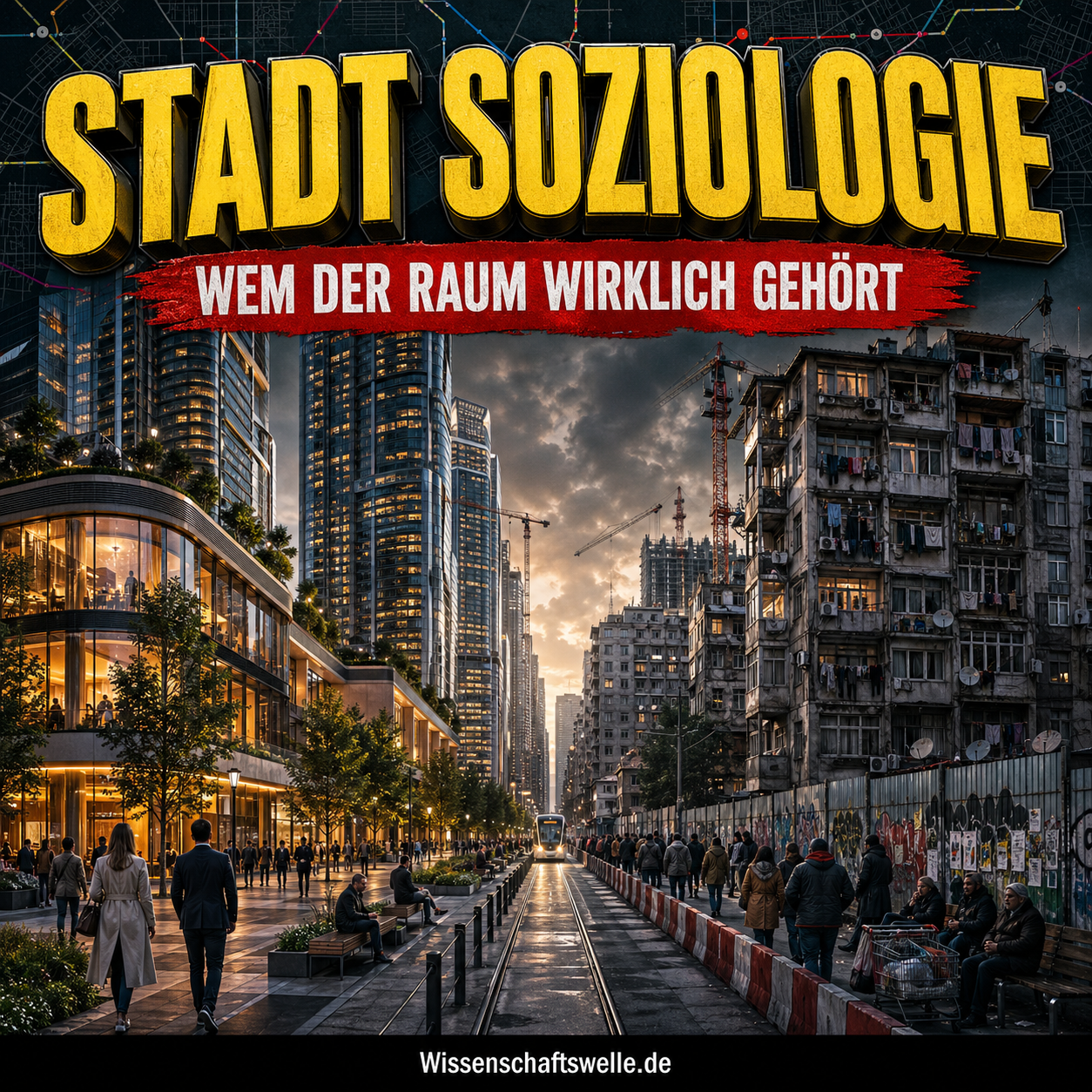 Quadratisches Titelbild mit dramatischer Großstadt-Szene: glänzende Neubauten und verdrängte Altbauten stehen sich gegenüber, dazwischen ein angespannter Straßenraum; oben gelbe 3D-Headline, darunter rotes Banner und unten kleines Wissenschaftswelle.de-Branding.