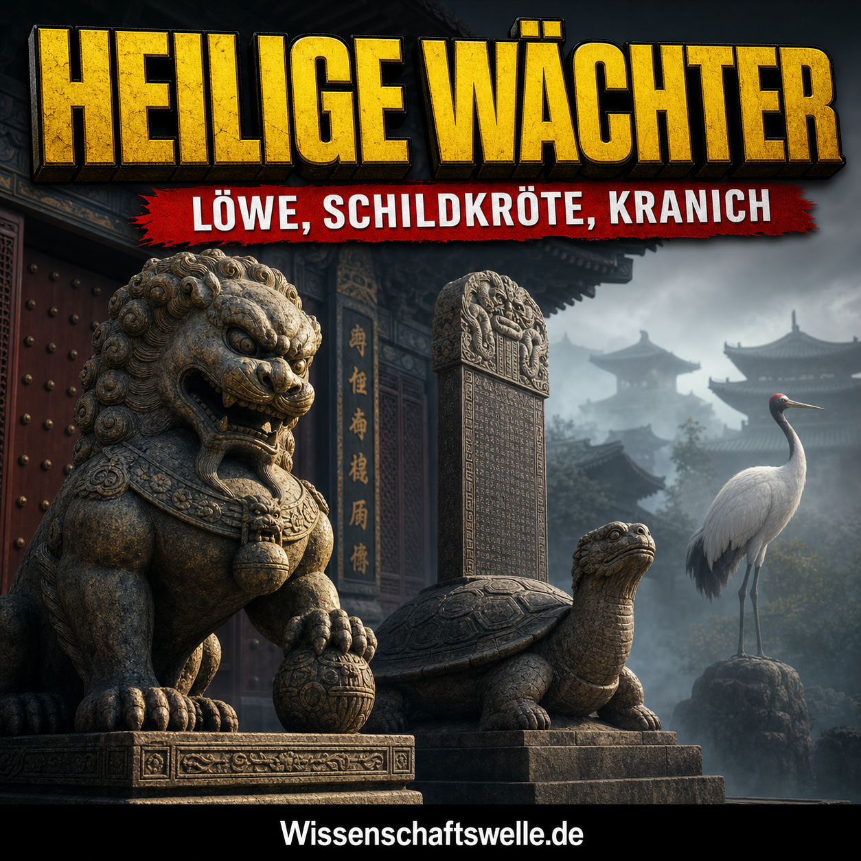 Steinerner Tempellöwe neben einer schildkrötengestützten Stele und einem weißen Kranich vor nebligen ostasiatischen Tempeldächern.