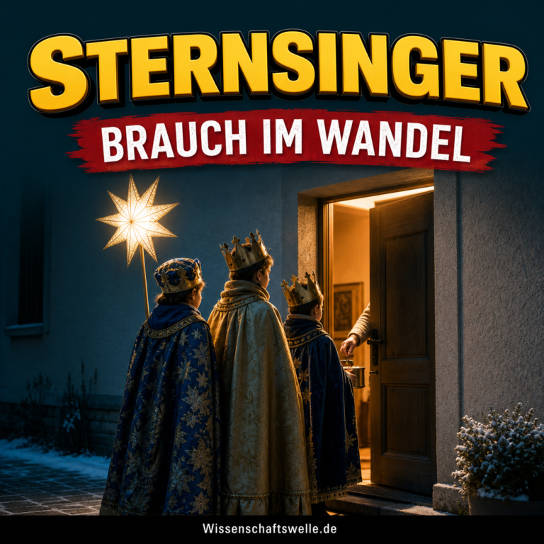 Drei Sternsinger in goldenen und blauen Gewändern stehen mit einem leuchtenden Stern vor einer geöffneten Haustür im Winter.
