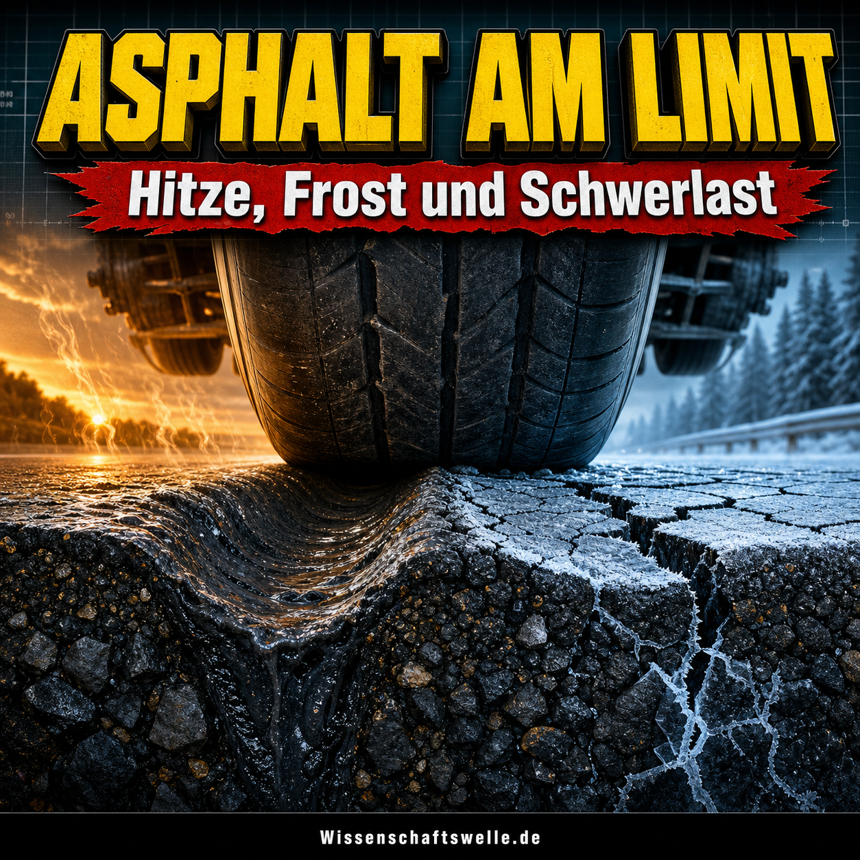 Quadratisches Cover mit einem massiven Lkw-Reifen über einer Asphaltoberfläche, die links hitzeweich einsinkt und rechts frostig aufreißt, dazu die gelbe Überschrift „ASPHALT AM LIMIT“ und der rote Banner „Hitze, Frost und Schwerlast“.