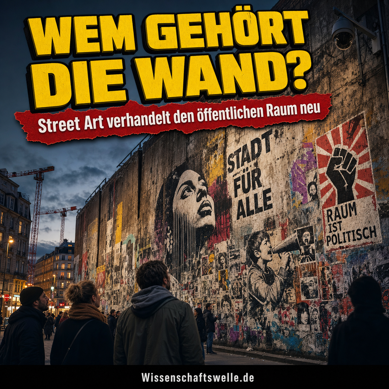 Quadratisches Cover mit einer dramatisch beleuchteten urbanen Hauswand voller Street-Art-Motive, einer gelben 3D-Headline „Wem gehört die Wand?“ und einem roten Banner mit dem Text „Street Art verhandelt den öffentlichen Raum neu“.