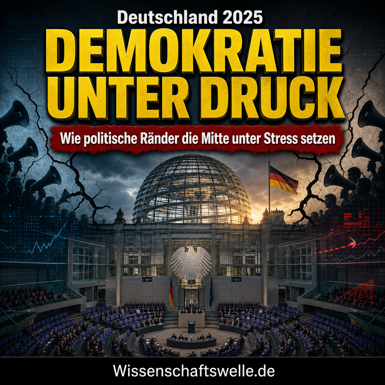 Quadratisches Cover mit der Reichstagskuppel und dem Bundestagsplenum, flankiert von dunklen Rissen und Megafon-Silhouetten. Darüber stehen die Texte „Deutschland 2025“, „Demokratie unter Druck“ und auf einem roten Banner „Wie politische Ränder die Mitte unter Stress setzen“, unten klein „Wissenschaftswelle.de“.