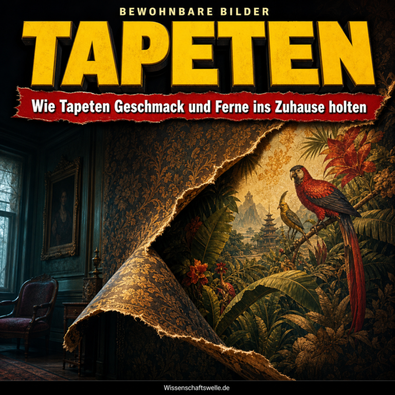 Aufgerissene dunkle Tapetenwand in einem historischen Zimmer; hinter dem eingerollten Papier öffnet sich eine exotische Bildwelt mit tropischen Vögeln, Pflanzen und fernen Pagoden.