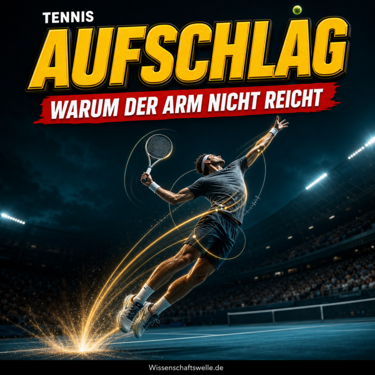 Ein Tennisspieler springt im Moment des Aufschlags in einem dunklen Stadion nach oben; leuchtende Linien markieren die Kraftkette von den Beinen über den Rumpf bis zum Schläger.