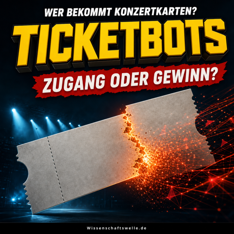 Aufgerissenes, unbeschriftetes Konzertticket, aus dessen Riss orange Datenpartikel in eine dunkle Konzertszene strömen; darüber die Worte Ticketbots und Zugang oder Gewinn?