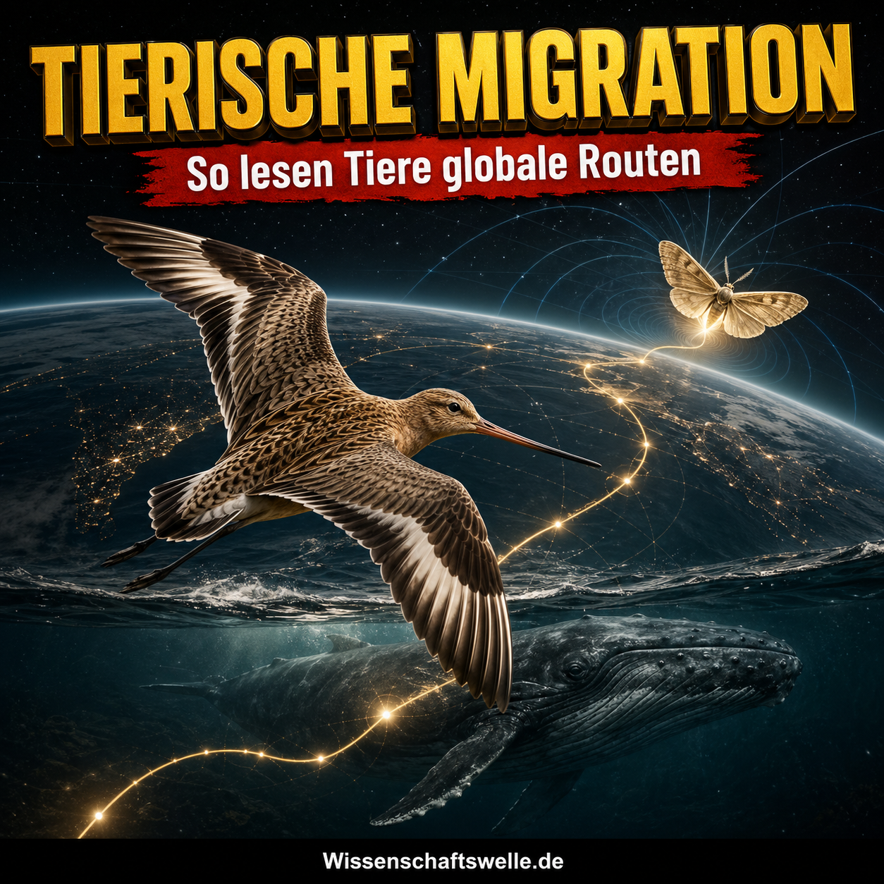 Quadratisches Cover mit einer großen gelben Überschrift „Tierische Migration“, einem roten Banner „So lesen Tiere globale Routen“, einer fliegenden Pfuhlschnepfe vor der Erdkurve, einer leuchtenden Motte, einem Buckelwal unter der Wasseroberfläche und goldenen Migrationslinien.