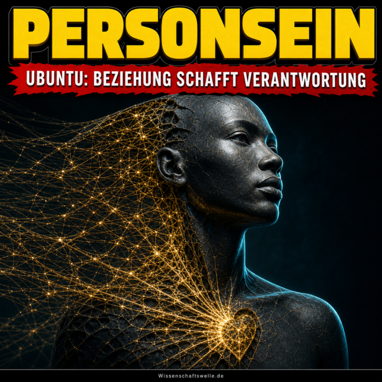 Dunkle skulpturale Person, deren Körper in ein golden leuchtendes Beziehungsgeflecht übergeht; Cover zu Ubuntu und relationalem Personsein.