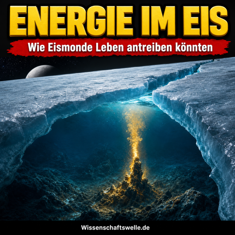 Aufgeschnittene Eisschale eines Eismonds: Unter einer breiten Fissur leuchtet ein dunkler Ozean, aus dessen Gesteinsboden eine goldene hydrothermale Fontäne aufsteigt.
