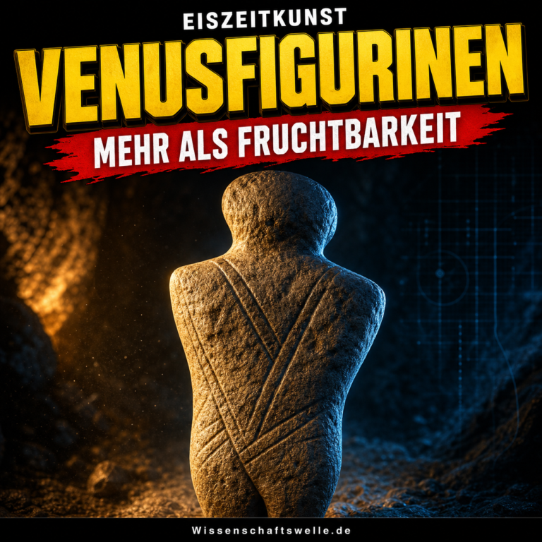 Eine stilisierte steinzeitliche Figurine steht in dramatischem Warm-Kalt-Licht vor dunklem Höhlenhintergrund, darüber die Titelzeile Venusfigurinen und der Banner Mehr als Fruchtbarkeit.