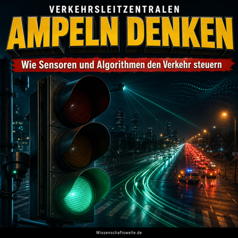 Großes Ampelsignal im Vordergrund über einer nächtlichen Stadtkreuzung; eine Fahrspur fließt grün, daneben staut sich der Verkehr an einer kleinen Störstelle.