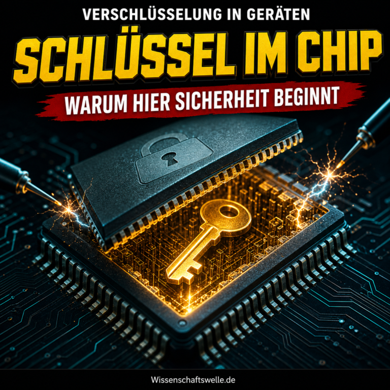 Geöffneter Sicherheitschip mit leuchtendem Schlüssel im Inneren, flankiert von zwei Prüfspitzen; darüber der Titeltext „Schlüssel im Chip“.