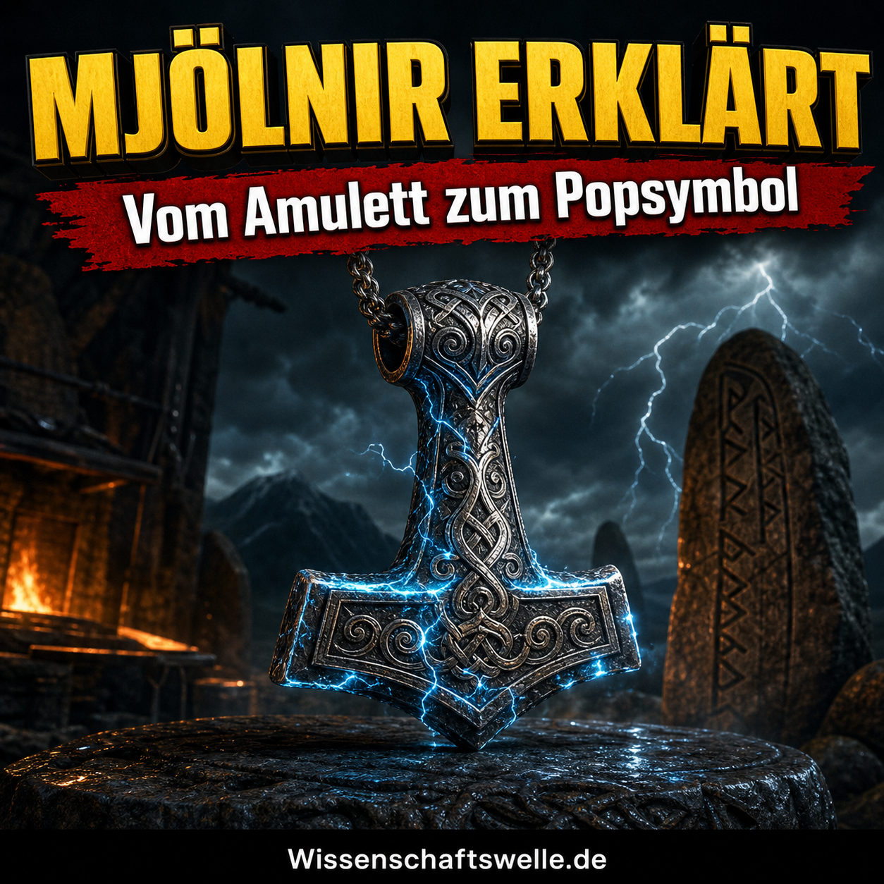 Quadratisches Cover mit einem glühenden, metallischen Mjölnir im Zentrum, nordischer Gewitterstimmung im Hintergrund, gelber Überschrift „Mjölnir erklärt“ und rotem Banner mit dem Text „Vom Amulett zum Popsymbol“.