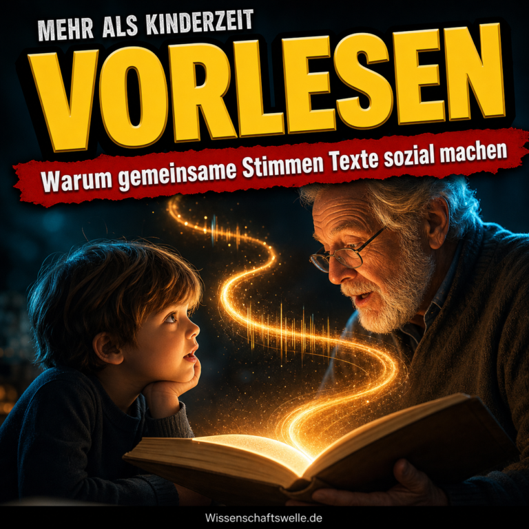 Ein älterer Mann liest einem Kind aus einem leuchtenden offenen Buch vor; zwischen ihnen windet sich eine goldene Klangspur vor dunklem Hintergrund.