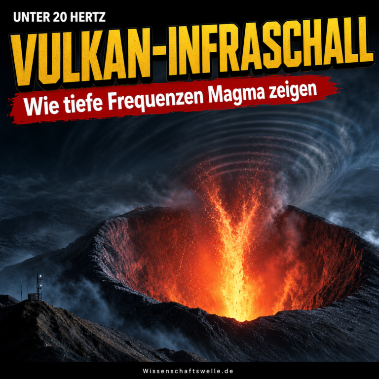 Nächtlicher Vulkankrater mit aufsteigendem Magma und sichtbaren kreisförmigen Druckwellen über dem Schlot.