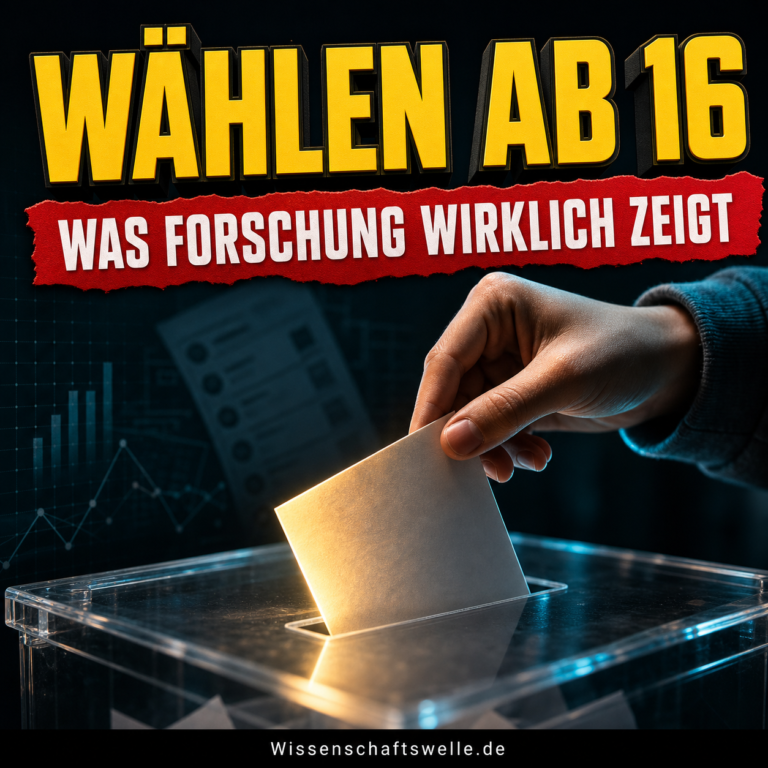Eine Hand wirft einen Stimmzettel in eine gläserne Wahlurne; darüber steht Wählen ab 16.