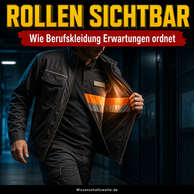 Person öffnet eine dunkle Arbeitsjacke; darunter wird ein leuchtender reflektierender Streifen sichtbar. Darüber steht: Rollen sichtbar.