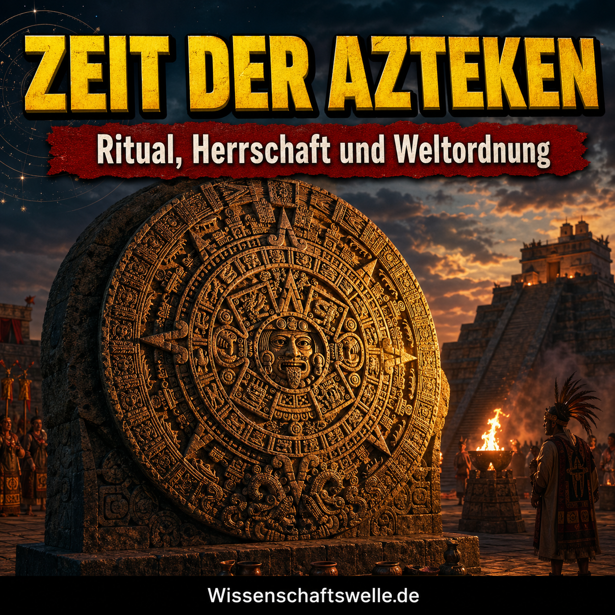 Die Piedra del Sol vor einer aztekischen Tempelanlage im Abendlicht, flankiert von Ritualfeuer und zeremonieller Szenerie.