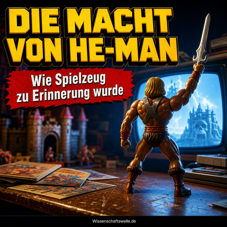 Wissenschaftswelle-Cover mit gelber Headline Die Macht von He-Man, rotem Banner Wie Spielzeug zu Erinnerung wurde und einer dramatisch beleuchteten generischen 80er-Fantasy-Actionfigur vor einer Kinderzimmer-TV-Szene.