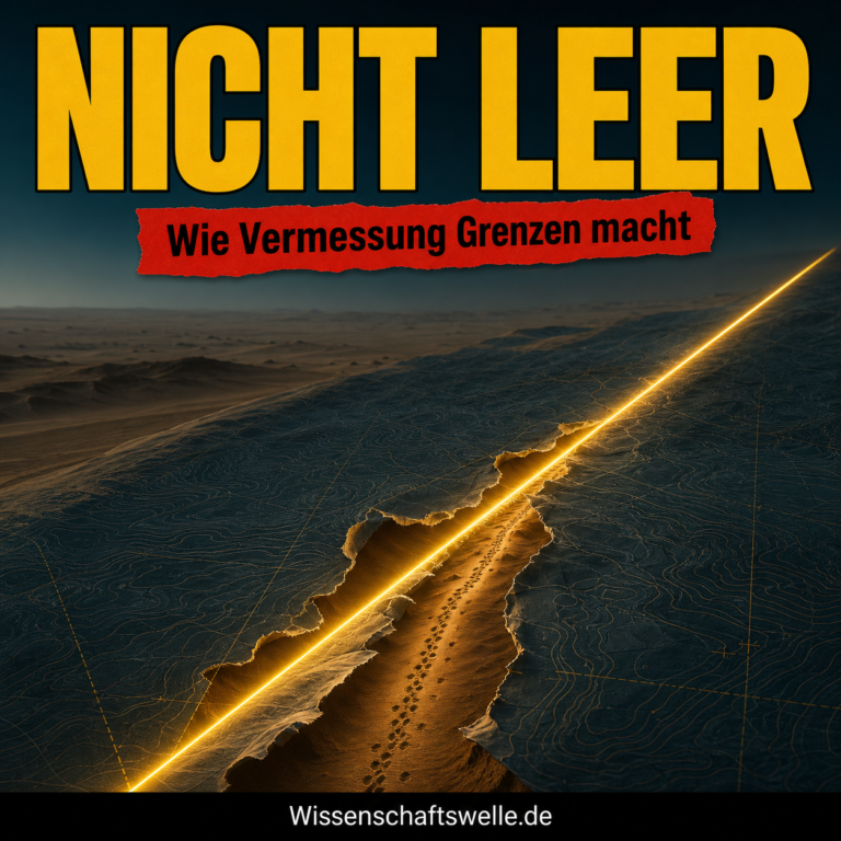 Eine leuchtende gerade Vermessungslinie reißt eine dunkle Karte auf und gibt darunter einen Wüstenweg mit Spuren frei.