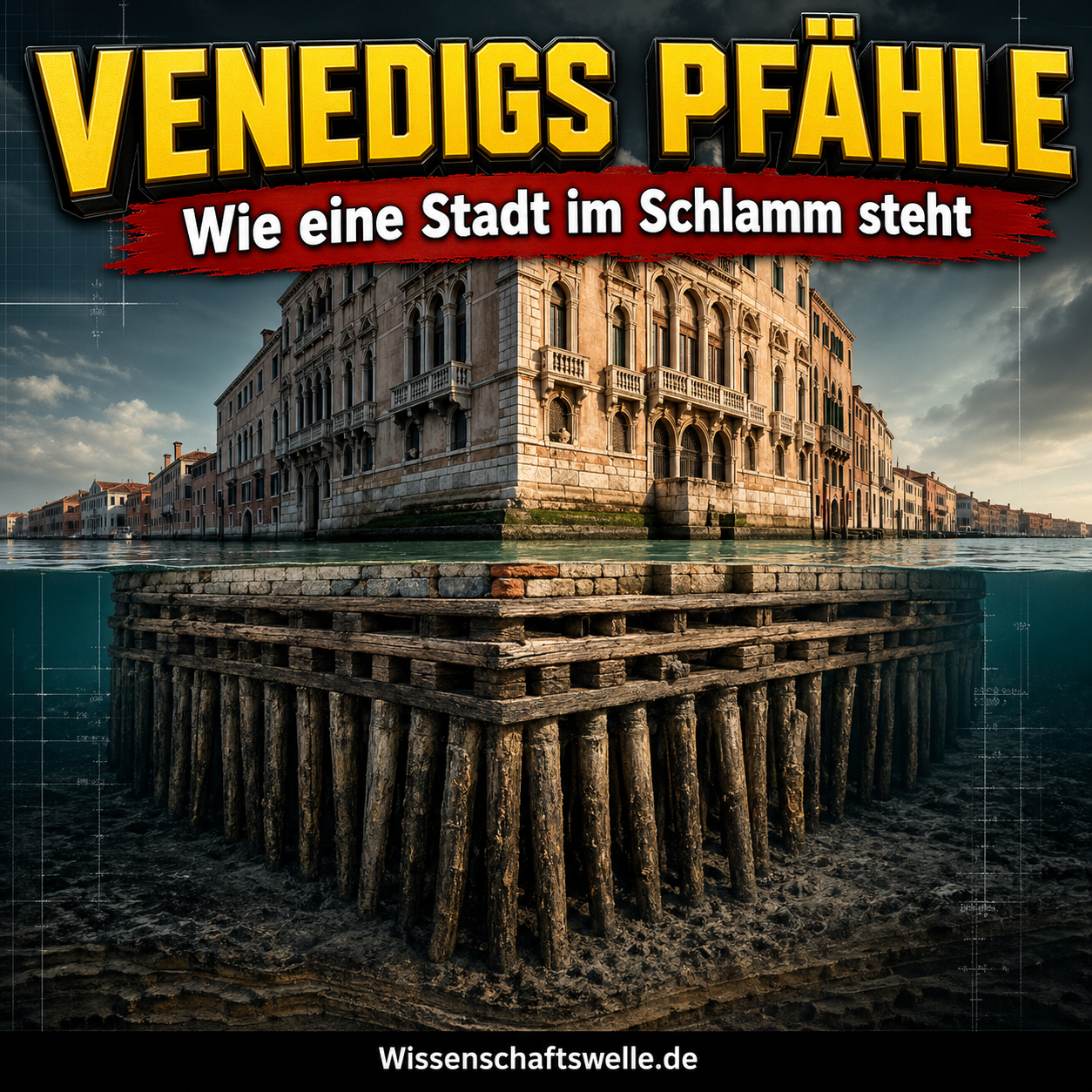 Anschnitt eines venezianischen Palazzos über einem dichten Feld hölzerner Fundamentpfähle im Lagunenschlamm.