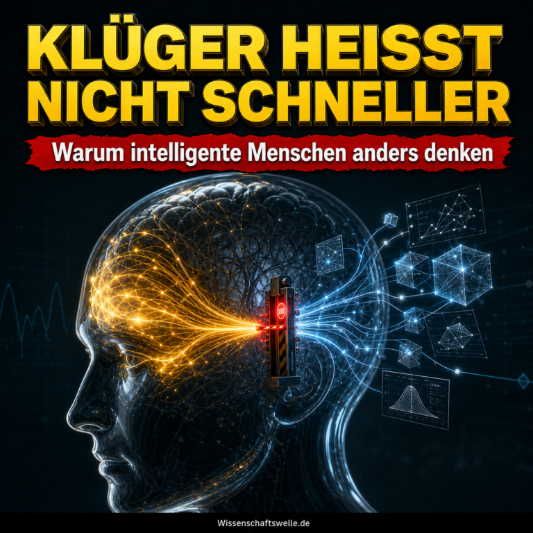 Wissenschaftswelle-Cover mit gelber Überschrift, rotem Banner und gläsernem Kopf, in dem ein leuchtender Denkimpuls an einer roten Bremse stoppt und sich in blaue Modelllinien verzweigt.