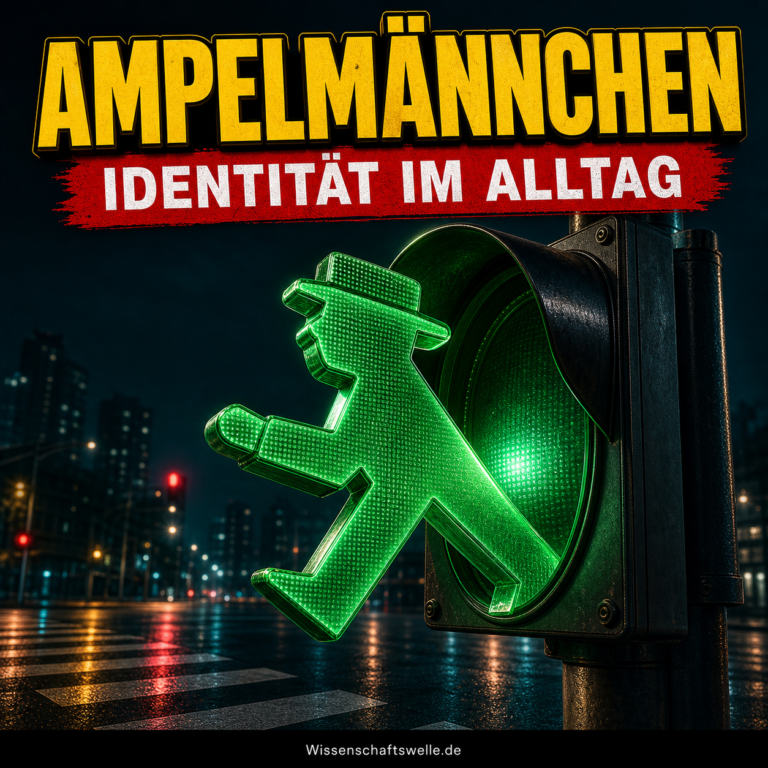 Ein leuchtend grünes Ampelmännchen mit Hut tritt aus einem Verkehrssignal vor nächtlicher Stadtkulisse; darüber steht AMPELMÄNNCHEN, darunter IDENTITÄT IM ALLTAG.