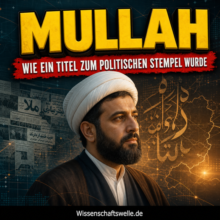 Porträt eines schiitischen Geistlichen vor abstrahierten Zeitungsschlagzeilen und grafischen Sprachfragmenten, als Symbol für den Bedeutungswandel des Begriffs Mullah.
