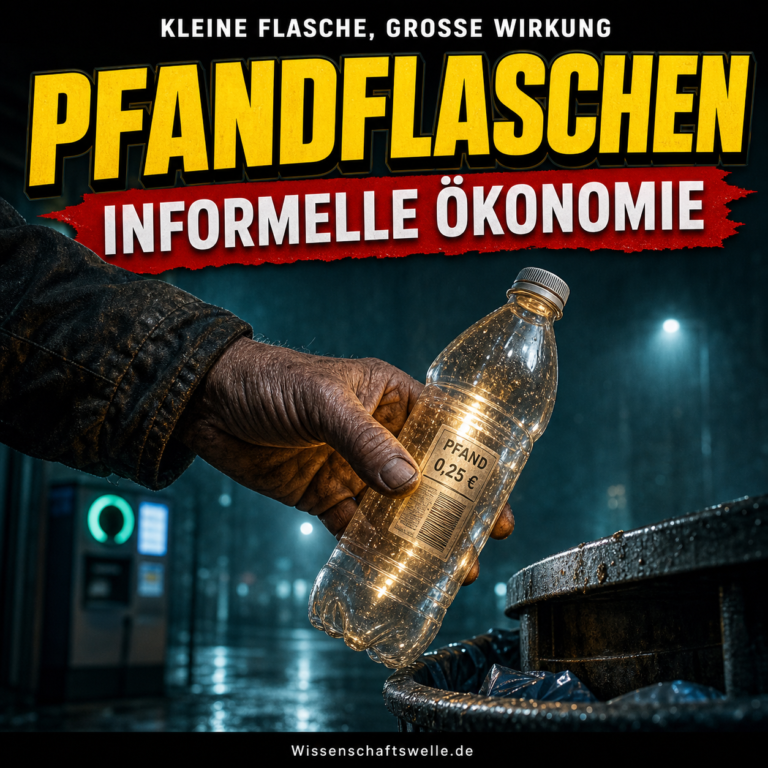 Eine verwitterte Hand hält nachts neben einem öffentlichen Mülleimer eine leuchtende Pfandflasche hoch; im Hintergrund verschwimmt ein Rückgabeautomat.